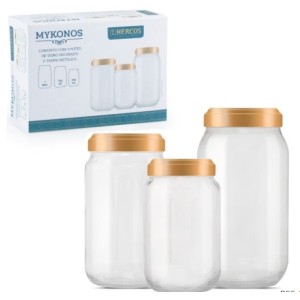 Conjunto Com 3 Potes Vidro Mykonos - 1L/730ml/370ml  H230 - HERCOS